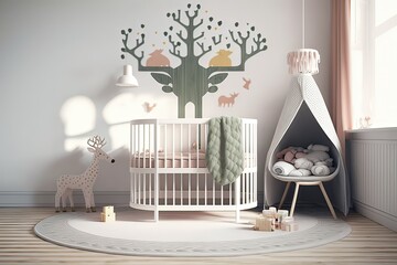 Scandinavian Baby Room Interior: Empty Crib. Photo generative AI