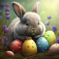 Easter bunny with colorful eggs on green grass. AI