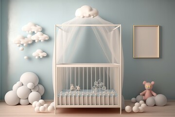 White Crib, Toys in Baby Room Interior with Empty Frame on Wall. Photo generative AI