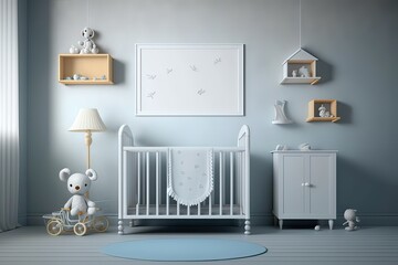White Crib, Toys in Baby Room Interior with Empty Frame on Wall. Photo generative AI