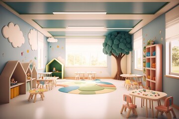 Modern Preschool Classroom Interior: Empty. Photo generative AI - obrazy, fototapety, plakaty
