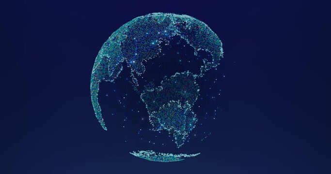 Digital earth globe rotating with node connection motion. Futuristic global network connection and data communication concept. Seamless loop 3D animation.