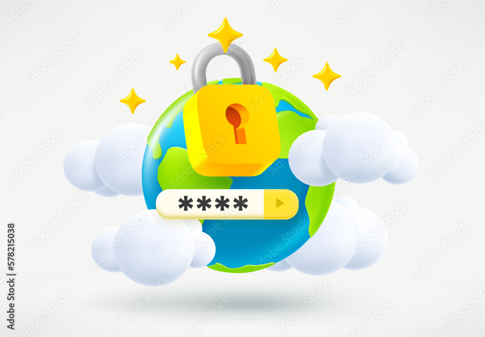 Poster the golden padlock with keyhole and password tab. global security concept. 3d vector illustration