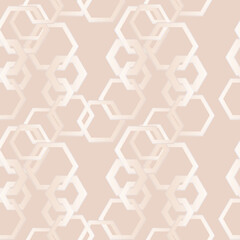 Seamless monochrome geometric pattern. White honeycomb figures on a beige background. 