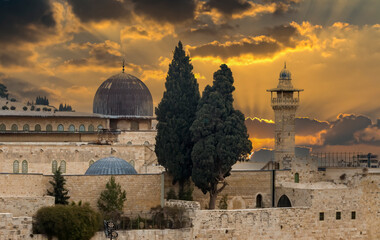 Morning view on ancient Al-Aqsa Mosque, Al-Aqsa Mosque, located in old city of Jerusalem, is the...
