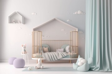 Fototapeta na wymiar Kids room interior, copy space background: Bed, decorations, pillows, toys. Pastel colors. Daylight. Photo generative AI