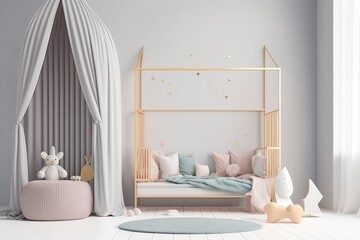 Kids room interior, copy space background: Bed, decorations, pillows, toys. Pastel colors. Daylight. Photo generative AI