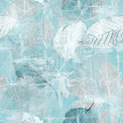 Seamless monochrome floral pattern with leaves. Light gray-blue background. - 578215251