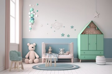 Kids room decor: Bed, toys, deco, pillows. Pastel colors. Daylight. Designers copy space. Photo generative AI