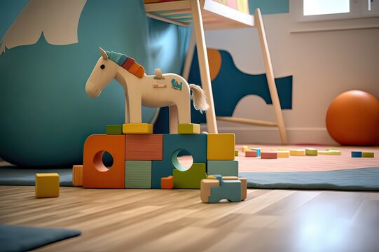 Wooden Horse Swing Baby Room. Photo generative AI