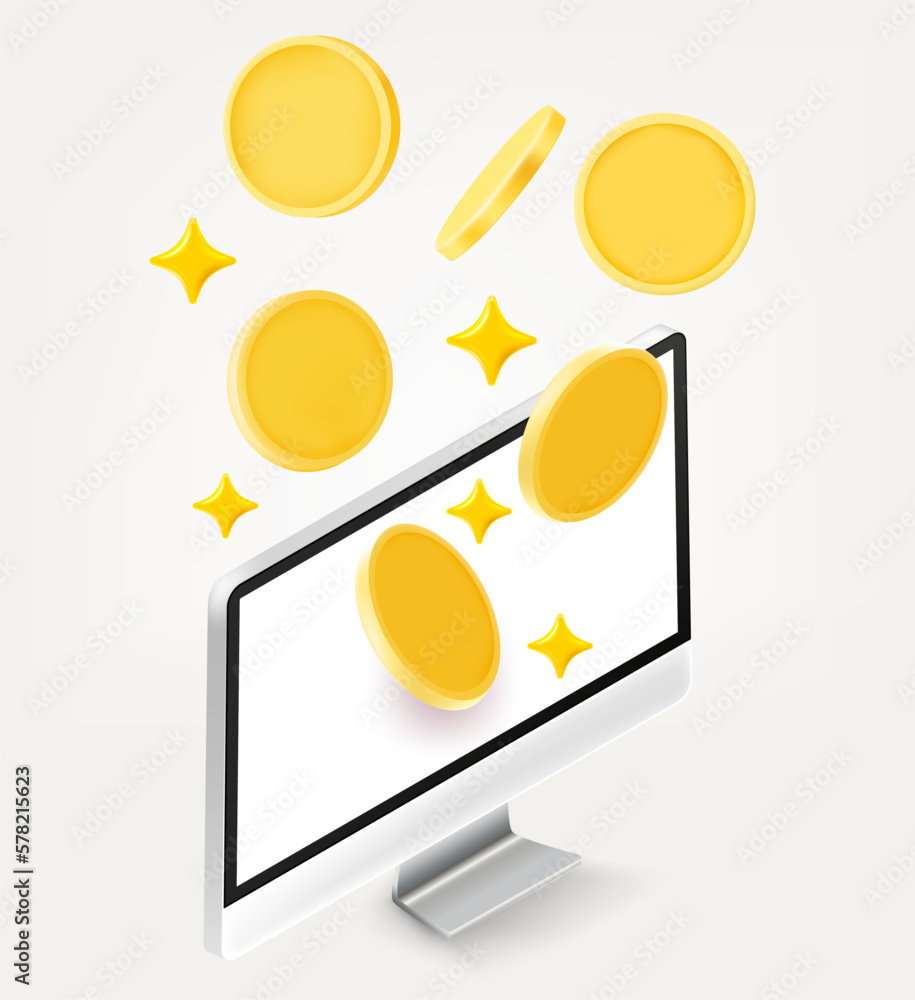 Poster modern computer with golden coins. 3d vector illustration isolated on white background