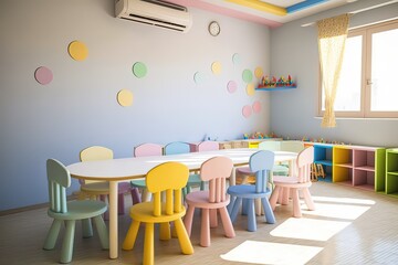 Kindergarten Classroom With Tables, Chairs, Toys. Photo generative AI - obrazy, fototapety, plakaty