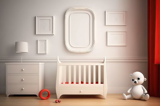 White baby's room with red/blank frames. Photo generative AI