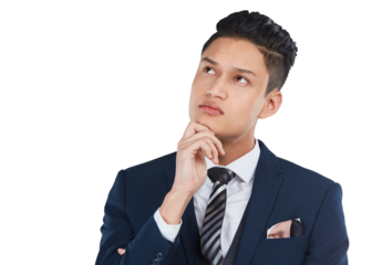 A male professional or executive thinking about ideas and contemplating strategy, while pondering an important decision isolated on a png background