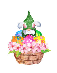 Easter gnome in basket with Easter eggs and flowers. Watercolor vector design element with floral vintage illustration