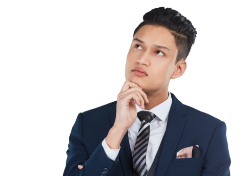 A male professional or executive thinking about ideas and contemplating strategy, while pondering an important decision isolated on a png background