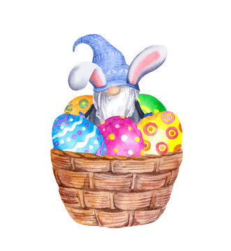 Gnome with Easter bunny ears in basket with colored decorated eggs. Watercolor vector design for holiday egg hunt