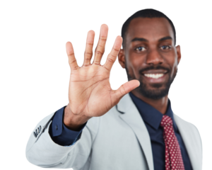A young and stylish African male wearing a cheerful smile and using a hand gesture to wave or hold something, emanating an excellent and pleasant demeanor isolated on a png background.
