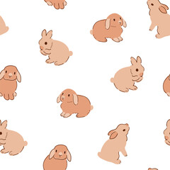 Baby rabbit bunny pattern in beige color. Pastel rabbit animal repeat background, spring easter seamless pattern, cute hares surface design. Sweet hand drawn bunnies. Naive kids vector illustration.