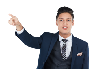 The handsome guy curiously points with a confused expression while gesturing towards intriguing marketing, raising a question about its feasibility isolated on a png background.