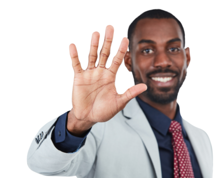 A young and stylish African male wearing a cheerful smile and using a hand gesture to wave or hold something, emanating an excellent and pleasant demeanor isolated on a png background. - Powered by Adobe