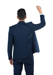 Back view of a male worker gesturing to emphasize the significance of human rights empowerment in business, particularly through the promotion of solidarity isolated on a png background.