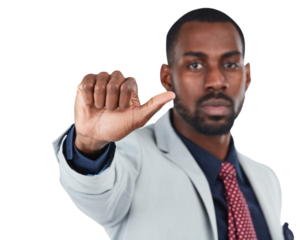 A black businessman or manager is giving feedback and expressing approval with a negative thumbs up or sign language gestures to convey decisions isolated on a png background.