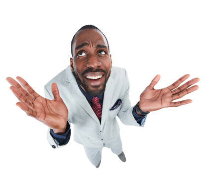 From a high angle, a businessman is seen deep in thought, contemplating marketing skills while showing a hint of curiosity through hand gestures isolated on a png background. - Powered by Adobe