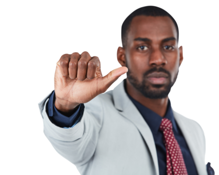 A black businessman or manager is giving feedback and expressing approval with a negative thumbs up or sign language gestures to convey decisions isolated on a png background.