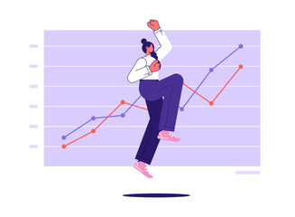 Fototapeta na wymiar Successful businesspeople, jumping in the air in front of positive chart, business career growth and success concept, vector illustration
