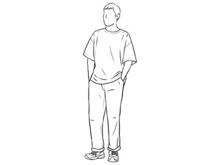 Man standing with his hands in his pants pocket line vector drawing. Minimalistic contour illustration.
