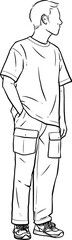 Man standing with his hands in his pants pocket line vector drawing. Minimalistic contour illustration.