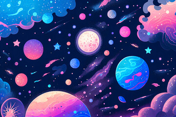 Illustrated universe pattern, universe with neon purple planets and stars on dark background, illustration for decorative paper. Generative AI.