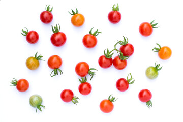Red cherry tomatoes isolated on white background.Top view. Flat lay. Tomato seamless texture...