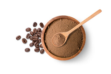 Roasted coffee beans and coffe powder (ground coffee) in wooden bowl with spoon isolated on white background, top view, flat lay.