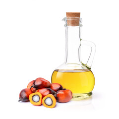 Palm oil in glass bottle and fresh oil palm fruit isolated on white background.