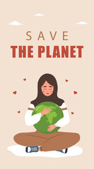 Save the planet stories template. Cute arabian woman embrace green globe. International Mother Earth day. Banner, brochure and poster design. Vector illustration in flat cartoon style.