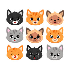 set of cute cartoon cat pet  faces.Icon of kittens heads.Siamese cat,ginger kitten,grey and black cat.Funny cats.