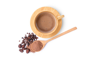 Hot chocolate cocoa drink in wooden cup and cocoa powder in wooden spoon isolated on white background. Top view. Flat lay. 