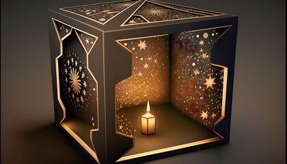ramadan islamic decoration with moon and star and mosque and lantern lampion and gift box ornament element, Generative AI