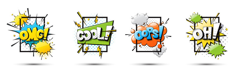 Comic cartoon frame for text background dialog clouds, сomics book colorful retro Pop Art style. set dialog Clouds with Halftone Dot Background frame design poster elements Vector illustration