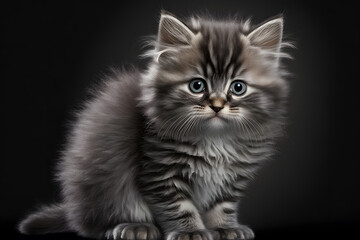 Naklejka na ściany i meble Portrait little fluffy kitten on a gray background photography made with Generative AI