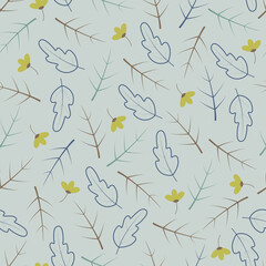Allover floral seamless pattern. Arrangement of scandi flowers, leaves and branches. Dainty foliage surface patterned background