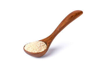 White sesame seeds in wooden spoon isolated on white background with clipping path. 