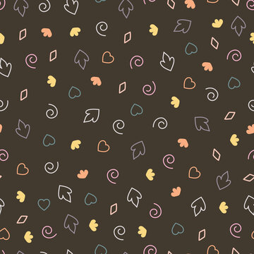 Dainty floral seamless pattern. Exquisite arrangement of flowers, leaves, squiggles, and hearts. Dainty romantic surface pattern