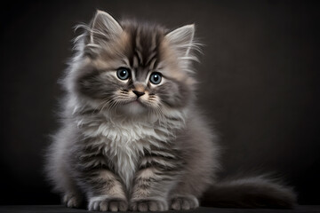 Naklejka na ściany i meble Portrait little fluffy kitten on a gray background photography made with Generative AI