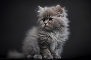Portrait little fluffy kitten on a gray background photography made with Generative AI
