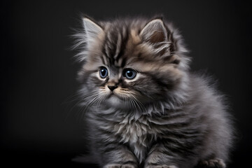 Fototapeta na wymiar Portrait little fluffy kitten on a gray background photography made with Generative AI