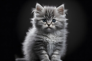 Portrait little fluffy kitten on a gray background photography made with Generative AI