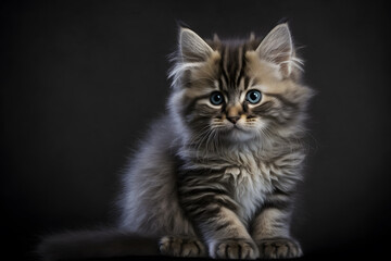 Fototapeta premium Portrait little fluffy kitten on a gray background photography made with Generative AI